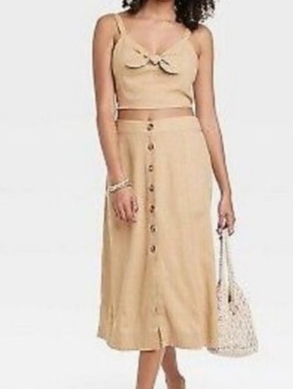 NWT Linen Tie Front Cropped Tank Top and Utility Midi A-Line Skirt Set Size L